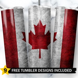 May include: Three stainless steel tumblers with a distressed Canadian flag design. The flag features a red maple leaf on a white background with a red stripe on either side.