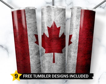 May include: Three stainless steel tumblers with a distressed Canadian flag design. The flag features a red maple leaf on a white background with a red stripe on either side.