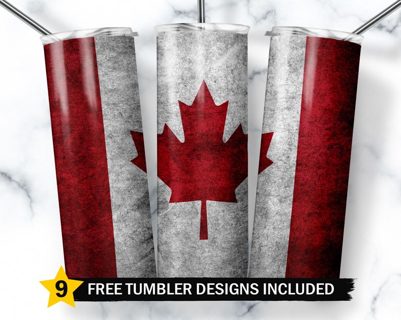 May include: Three stainless steel tumblers with a distressed Canadian flag design. The flag features a red maple leaf on a white background with a red stripe on either side.