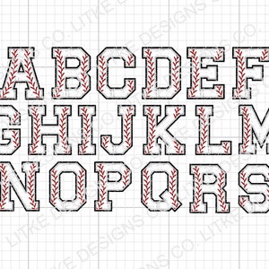 May include: White baseball-themed alphabet letters with red stitching. The letters are uppercase and have a distressed, vintage look.