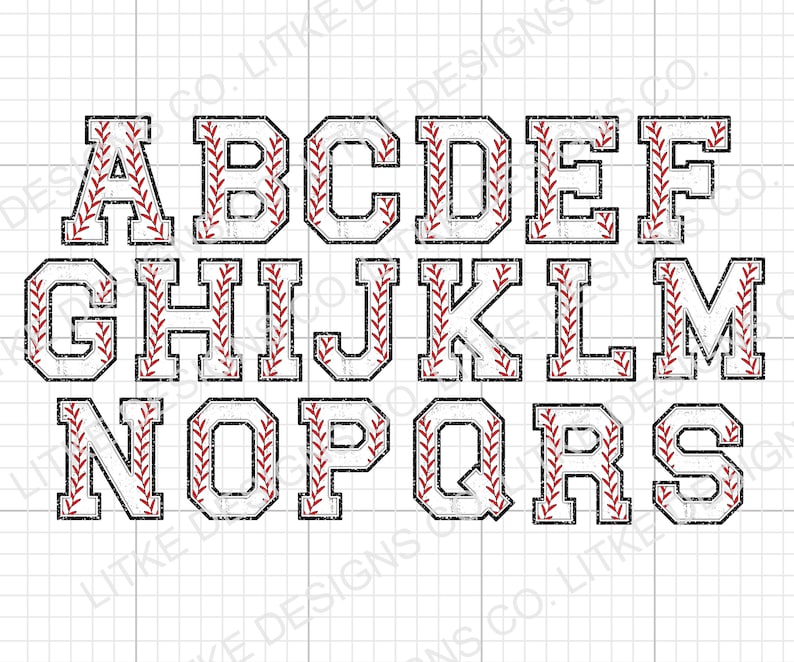 May include: White baseball-themed alphabet letters with red stitching. The letters are uppercase and have a distressed, vintage look.