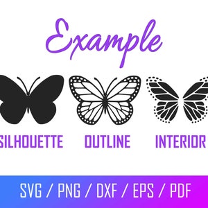 May include: Three different styles of a butterfly design: a black silhouette, a white outline, and a black interior with a white outline. The text "Example", "Silhouette", "Outline", and "Interior" are below the designs. The text "SVG / PNG / DXF / EPS / PDF" is at the bottom of the image.