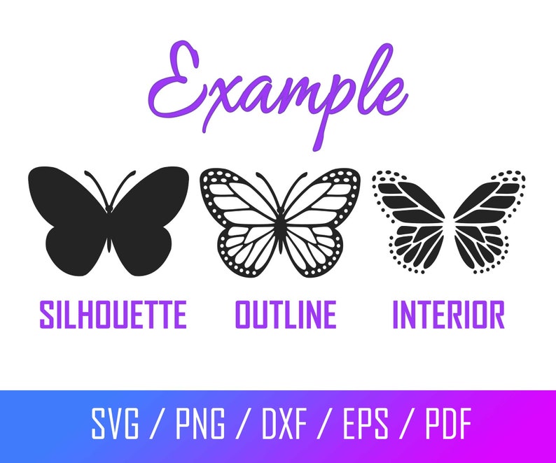May include: Three different styles of a butterfly design: a black silhouette, a white outline, and a black interior with a white outline. The text "Example", "Silhouette", "Outline", and "Interior" are below the designs. The text "SVG / PNG / DXF / EPS / PDF" is at the bottom of the image.