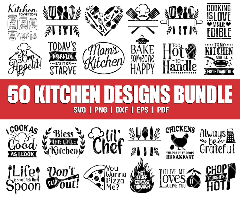 Paquete de SVG de cocina, monograma de cocina, SVG de horneado, SVG de cocina, SVG de agarradera, SVG de citas de cocina, archivos de corte Cricut, tabla de cortar láser Png imagen 1