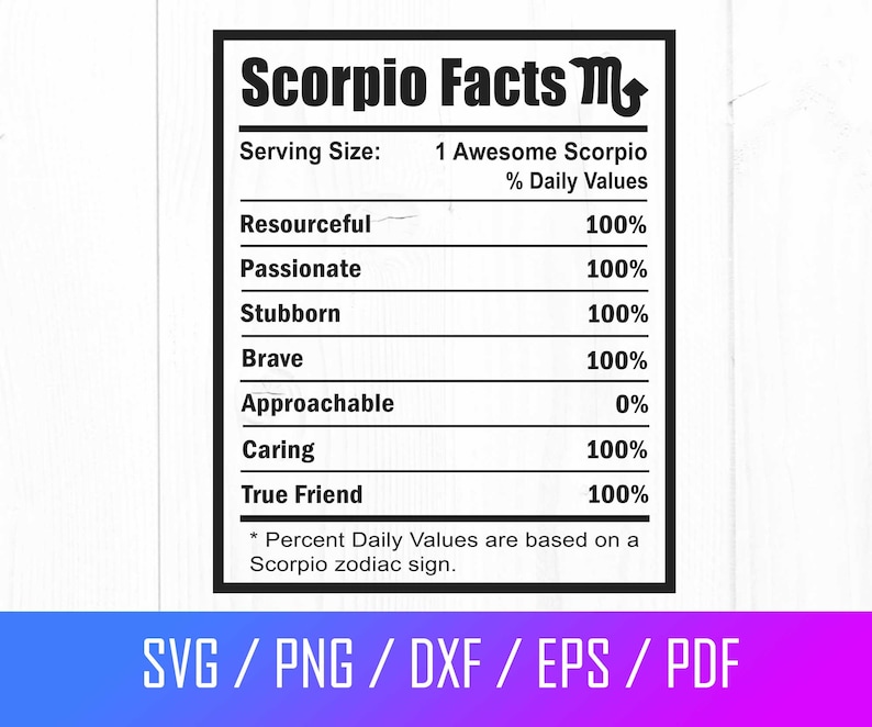 May include: A black and white nutrition facts label for Scorpio. The label lists traits like resourceful, passionate, stubborn, brave, approachable, caring, and true friend, all with a 100% daily value except for approachable, which is 0%. The label also includes the text "Scorpio Facts M" and "* Percent Daily Values are based on a Scorpio zodiac sign."