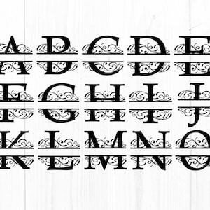 May include: A set of 26 black and white split monogram letters with decorative flourishes. Each letter is split in half with a horizontal line, and the top and bottom halves are decorated with intricate swirls and scrolls.