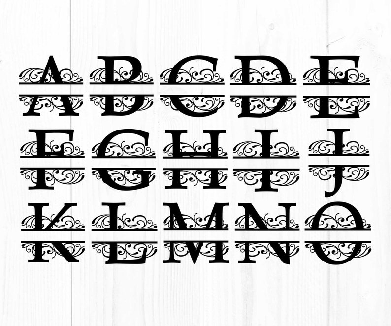 May include: A set of 26 black and white split monogram letters with decorative flourishes. Each letter is split in half with a horizontal line, and the top and bottom halves are decorated with intricate swirls and scrolls.