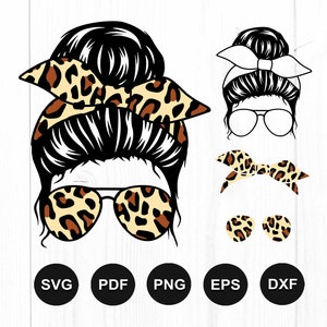 May include: A digital graphic featuring a woman's face with a messy bun hairstyle, sunglasses, and a headband, all with a leopard print design. Additional elements include a white headband, glasses, a leopard print bow, and earrings. File formats: SVG, PDF, PNG, EPS, DXF.