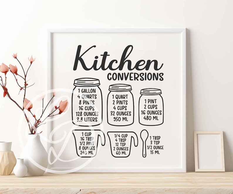 May include: Black and white printable kitchen conversion chart with the title "Kitchen Conversions". The chart shows the conversions for gallons, quarts, pints, cups, ounces, and milliliters.