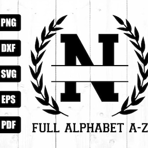 Pode incluir: Letra N em preto e branco com uma linha dividida para um nome, cercada por uma coroa de folhas. O texto "FULL ALPHABET A-Z" está abaixo do monograma.