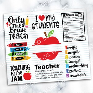 May include: A printable sheet with a teacher theme. It features a red apple with a heart, the words "I love my students", and a list of positive adjectives describing a teacher, such as "terrific", "energetic", "awesome", "cheerful", "hardworking", "excellent", and "remarkable".