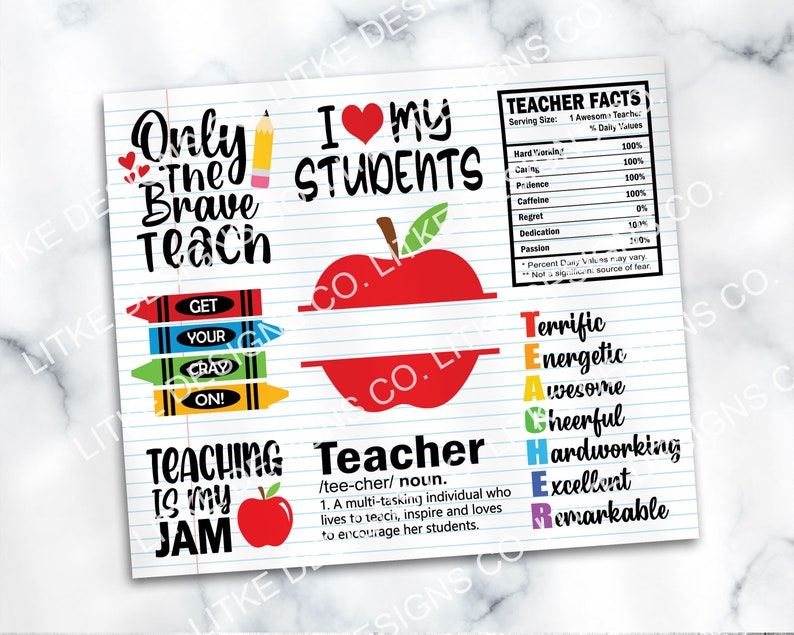 May include: A printable sheet with a teacher theme. It features a red apple with a heart, the words "I love my students", and a list of positive adjectives describing a teacher, such as "terrific", "energetic", "awesome", "cheerful", "hardworking", "excellent", and "remarkable".