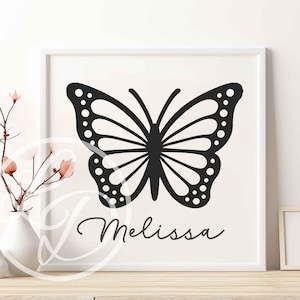 May include: A black and white butterfly silhouette with a white background. The name "Melissa" is written in cursive below the butterfly.