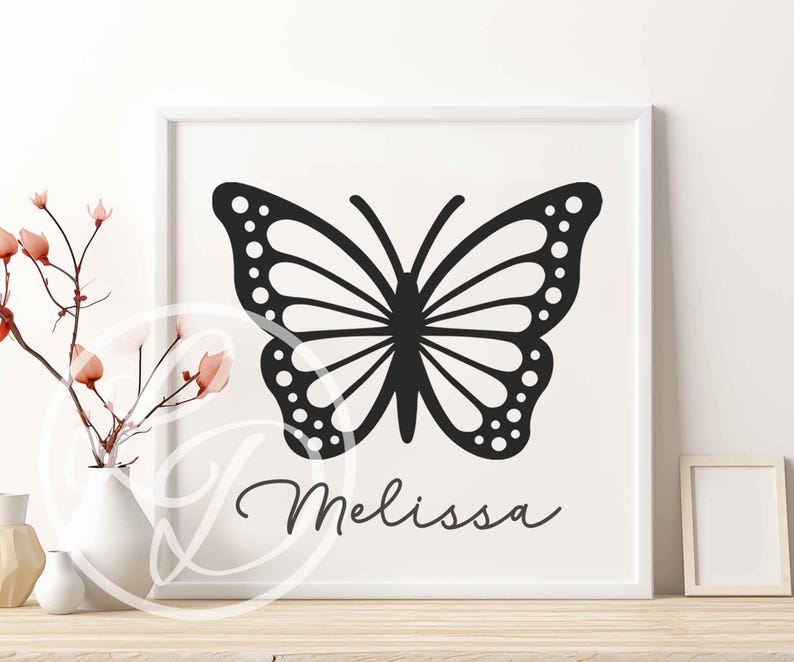 May include: A black and white butterfly silhouette with a white background. The name "Melissa" is written in cursive below the butterfly.