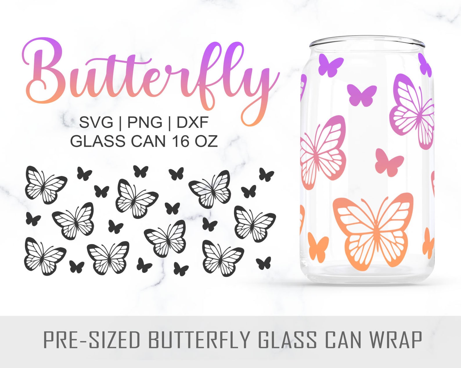 16oz Butterfly Libbey Glass Can Svg, Butterfly Glass Can Wrap Svg ...