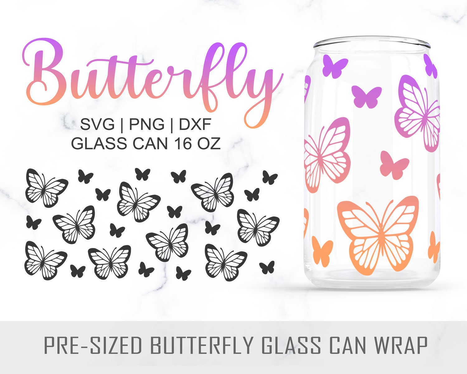 16oz Butterfly Libbey Glass Can Svg, Butterfly Glass Can Wrap Svg ...