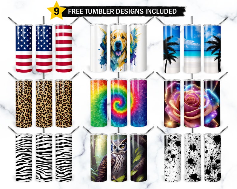 May include: Nine different designs for sublimation tumblers. The designs include an American flag, a tie-dye pattern, a leopard print, a zebra print, a dog, a rose, a galaxy, a beach scene, and a forest scene.  "9 FREE TUMBLER DESIGNS INCLUDED" is written at the top of the image.