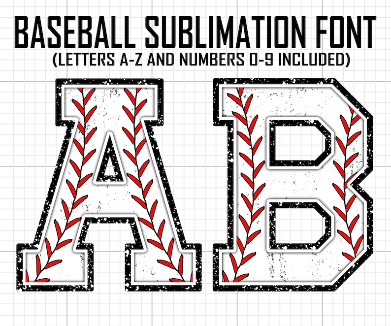 May include: Baseball sublimation font design featuring the letters A and B. The letters are white with a black outline and red stitching. The letters are on a white background with a grid pattern.