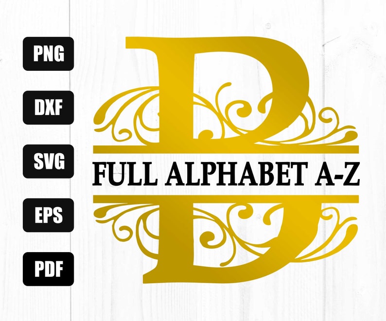 May include: A gold letter D with ornate swirls and a black banner that reads "FULL ALPHABET A-Z".