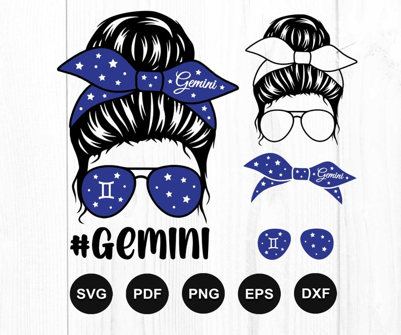 May include: A black and white illustration of a woman with a messy bun, wearing sunglasses with stars and a blue bandana with stars and the text "Gemini". The text "#Gemini" is below the illustration. The image also includes a separate illustration of the bandana and sunglasses, as well as the Gemini zodiac symbol.