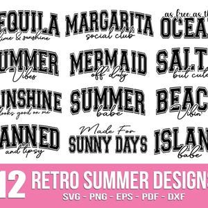 K&ouml;nnte beinhalten: Eine Sammlung von 12 Retro-Sommer-Designs in Schwarz und Wei&szlig; mit S&auml;tzen wie "Tequila Margarita", "Summer Vibes" und "Island Babe". Die Designs werden auf einem rosa Hintergrund mit Dateiformatoptionen angezeigt.