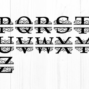 May include: A set of black split monogram letters with a decorative flourish. The letters include D, Q, R, S, T, U, V, W, X, Y, and Z.