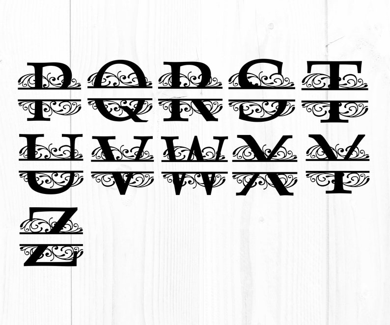 May include: A set of black split monogram letters with a decorative flourish. The letters include D, Q, R, S, T, U, V, W, X, Y, and Z.