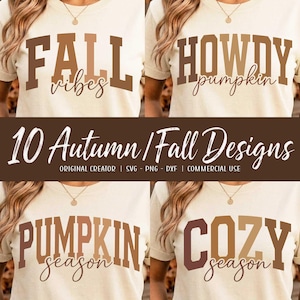 May include: A collection of four cream-colored t-shirts featuring brown graphic text designs. The shirts display phrases including FALL vibes, HOWDY pumpkin, PUMPKIN season, and COZY season. The central text reads 10 Autumn / Fall Designs.