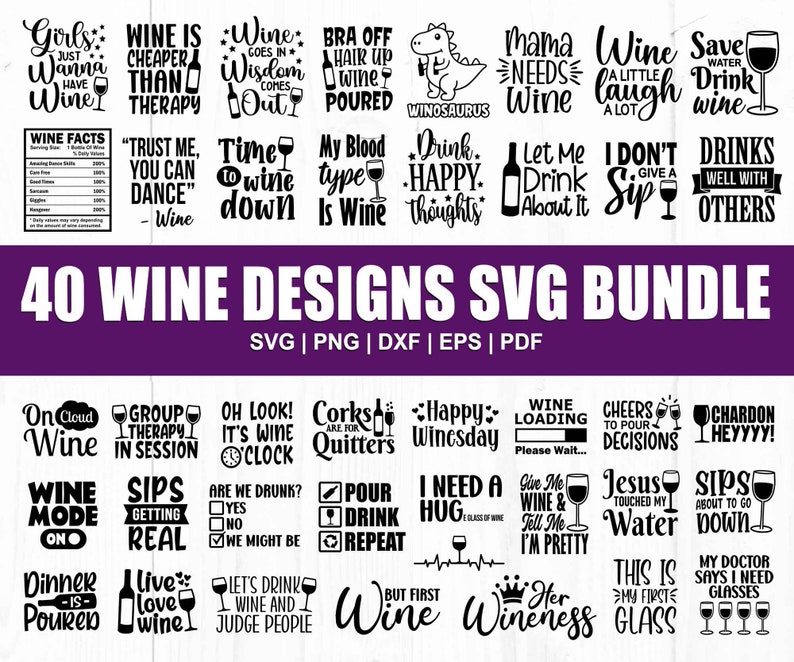 May include: A collection of 40 black and white wine-themed SVG designs. The designs feature various sayings and illustrations related to wine, such as "Wine is cheaper than therapy", "Time to wine down", "Wine mode on", "Let's drink wine and judge people", and "Her Wineness".