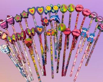 90s Vintage Lisa Frank Topper Pencils and Erasers