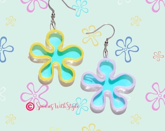 Holographic Flower Earrings, Bikini Bottom Earrings, Statement Earrings, Goofy Goober Sundae, Handmade Acrylic Earrings, Halloween Earrings