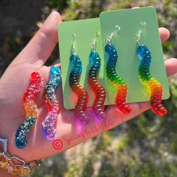 Gummy Worm Earrings, Resin Earrings, Food Earrings, Handmade Earrings, Statement Earrings, Candy Jewelry, Pride Jewelry