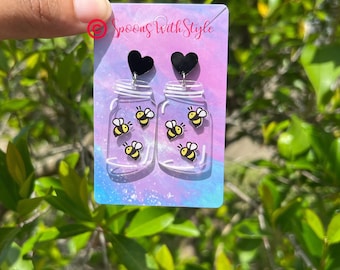 Bees in Jar Earrings, Honey Bee earrings, Acrylic Earrings, Statement Spring Earrings