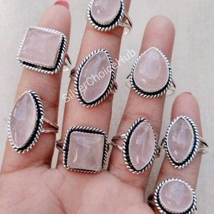 Handmade Rose Quartz Ring: 925 Silver Plated, US Size 6-10