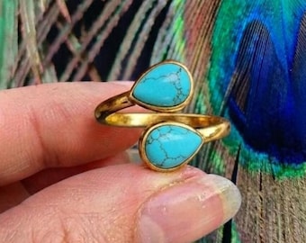 Adjustable Handmade Turquoise Solid Brass Ring: Gold Tone Boho Statement Jewelry