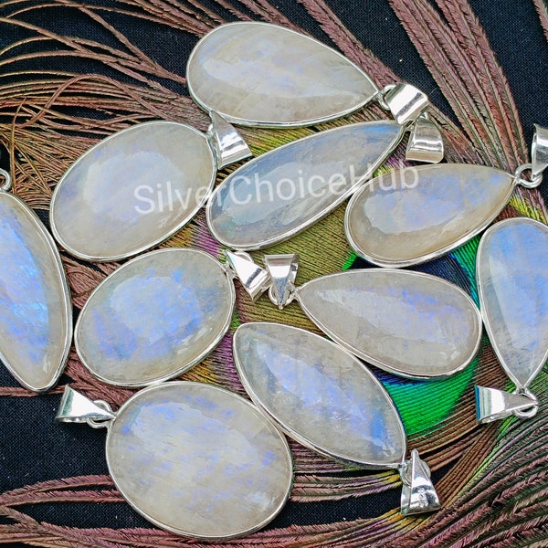 Natural African Moonstone Gemstone 925 Silver Plated Bezel Pendants, African Moonstone 925 Silver Plated Necklace Pendants Jewelry.