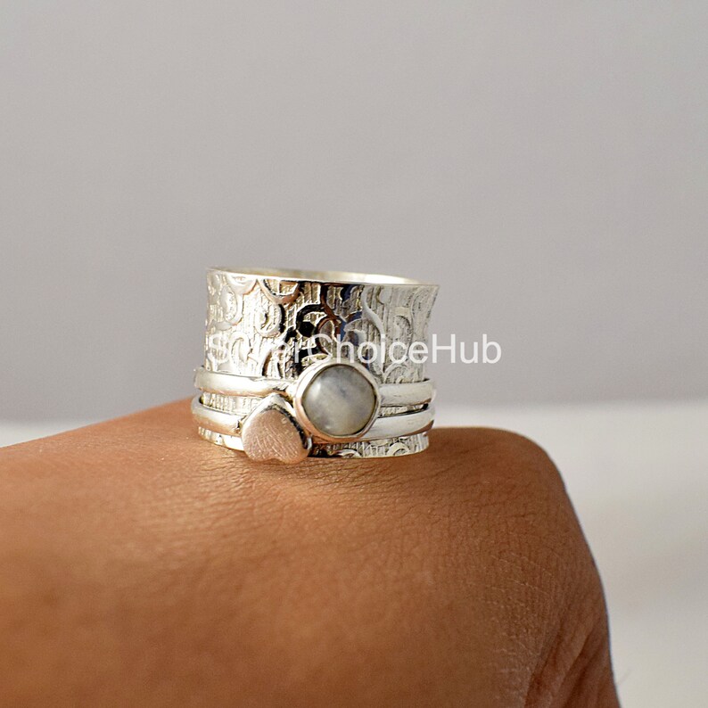 Heart Shape Design Moonstone Silver Spinner Ring* Two Wide Band* Fidget Ring* Yoga Ring* Anxiety Ring* chunky Ring* Silver Jewelry.