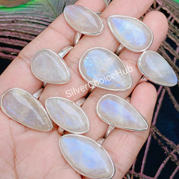 Natural African Moonstone Rings, Handmade Ring, 925 Silver Plated Ring, Women Ring, Wholesale Lot Rings, Gift For Her, US SZ 6 To 11.