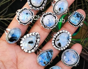 Wholesale Lot Rings, Rainbow Blue Moonstone Rings, Black Tourmaline Ring, 925 Silver Plated Ring, Handmade Ring, Gift Ring, US SZ 6 To 11.