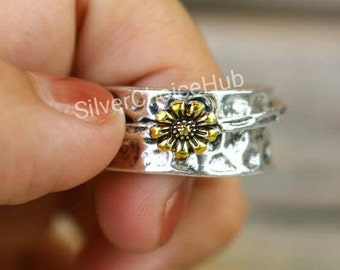 Anillo giratorio de girasol, anillo giratorio de plata de ley 925, anillo floral, anillo de ansiedad, anillo hecho a mano, anillo giratorio, anillo de plata, anillo de mujer.