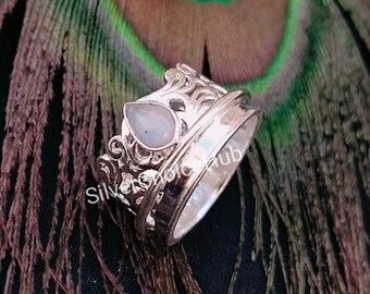 Natürlicher Regenbogen Mondstein Spinner Ring, 925 Sterling Silber Ring, Frauen Ring, handgemachter Ring, Sorgen Angst Ring, Geschenk für sie, Teardrop Ring