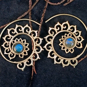Labradorite Spiral Earrings: Gold Plated Mandala, Boho Jewelry