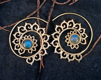 Labradorite Spiral Earrings: Gold Plated Mandala, Boho Jewelry