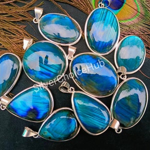 Natural Blue Labradorite Pendants: 925 Silver Plated Bezel, Handmade Lot