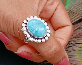 Natural Large Larimar Ring, Dominican Ocean Larimar Ring, Bohemian Ring, Sterling Silver Ring, Ring for Women, Artisan Boho Silver Ring