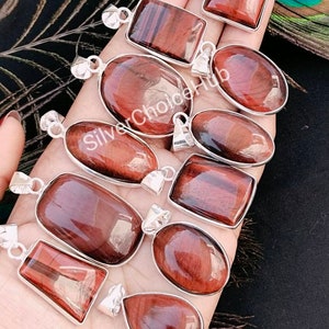 Natural Red Tiger Eye Gemstone Pendant, 925 Silver Plated Pendant, Handmade Bezel Lot Pendant, Wholesale Lot Jewelry Red Tiger Eye Pendant image 6