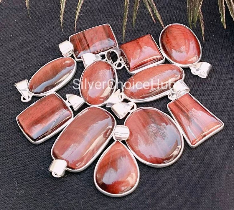 Natural Red Tiger Eye Gemstone Pendant, 925 Silver Plated Pendant, Handmade Bezel Lot Pendant, Wholesale Lot Jewelry Red Tiger Eye Pendant image 4