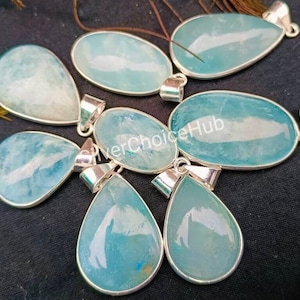 Natural Sky Blue Aquamarine Pendant: 925 Silver Plated Bezel