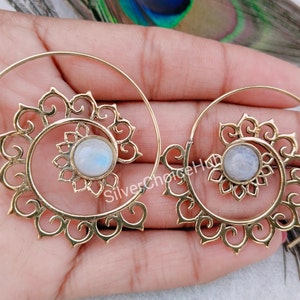 Spiral Moonstone Earrings: Gold Plated Mandala Boho Jewelry