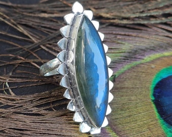 May include: A silver ring with a large, oval, blue gemstone. The gemstone is surrounded by a decorative silver setting with a scalloped edge. The ring is set against a background of peacock feathers. The text "SilverChoiceHub" is at the bottom.